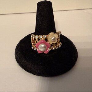 CGI CN RING GOLD PLATE ENAMEL FLOWERS FRESHWATER PEARLS CUBIC ZIRCONIA SIZE 10